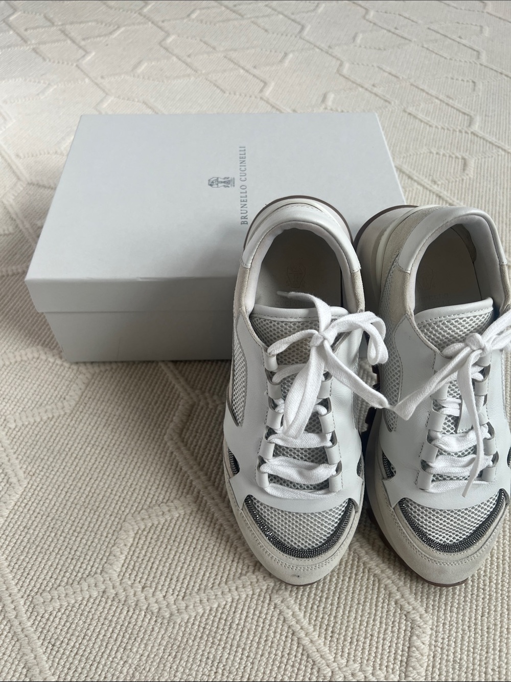 Brunello Cucinelli Women’s  White Suede, Leather & Mesh Sneakers with Monili